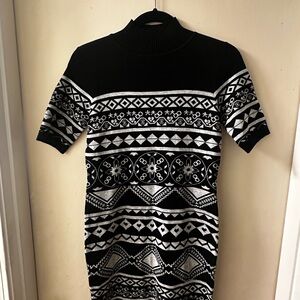 Black and White Patterned Turtleneck Mini Dress
